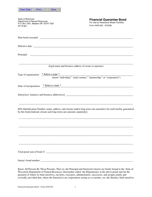 Form 4430-023 Financial Guarantee Bond for Use by Hazardous Waste Facilities - Wisconsin