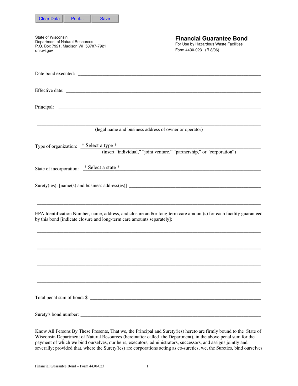 Form 4430-023 Financial Guarantee Bond for Use by Hazardous Waste Facilities - Wisconsin, Page 1