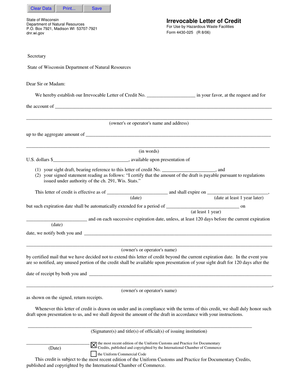 Form 4430-025 Irrevocable Letter of Credit - Wisconsin, Page 1