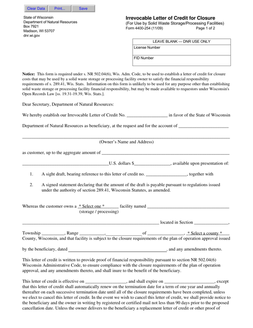Form 4400-254 Irrevocable Letter of Credit for Closure - Wisconsin
