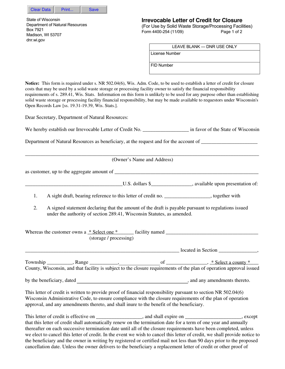Form 4400-254 Irrevocable Letter of Credit for Closure - Wisconsin, Page 1