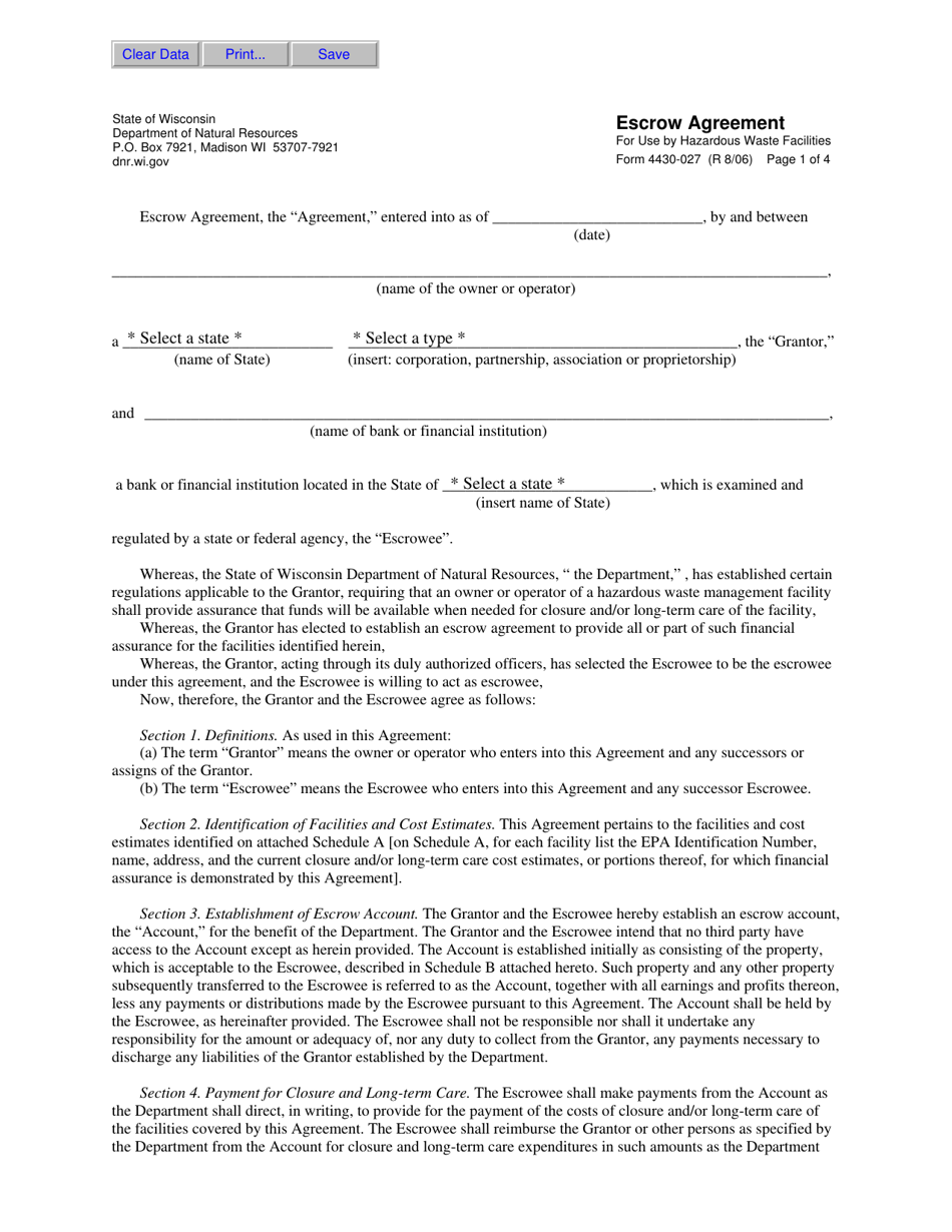Form 4430-027 Escrow Agreement - Wisconsin, Page 1