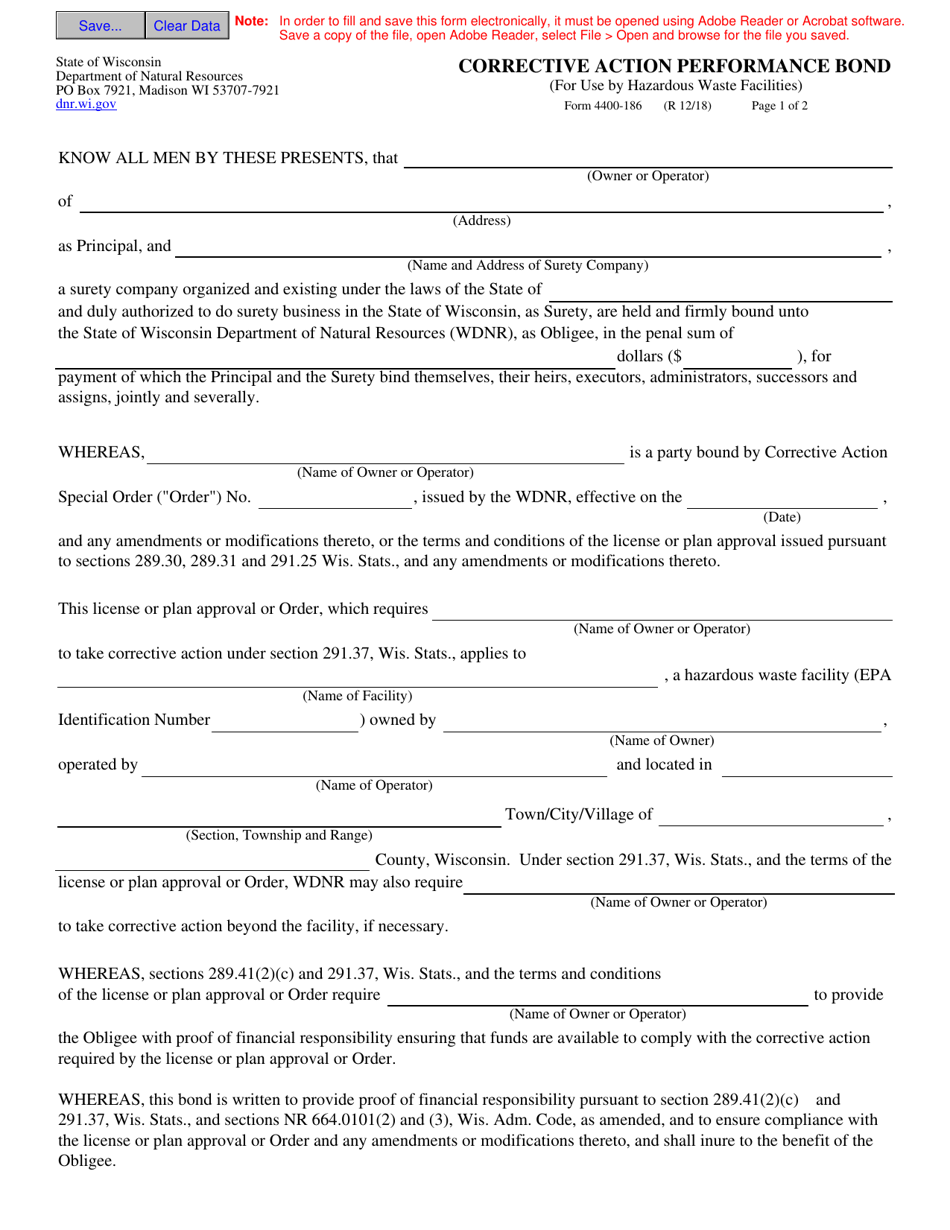 Form 4400-186 Corrective Action Performance Bond - Wisconsin, Page 1
