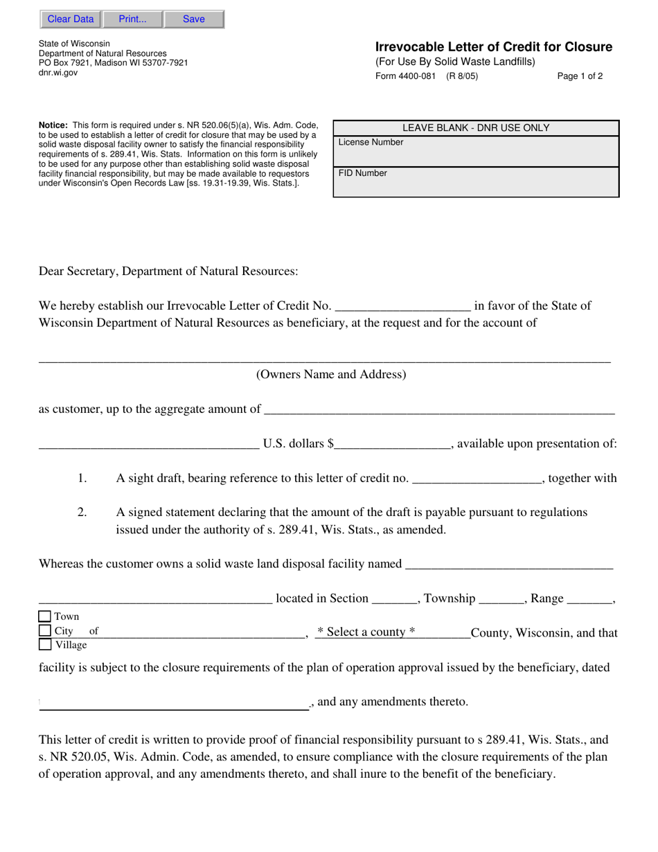 Form 4400-081 Irrevocable Letter of Credit for Closure - Wisconsin, Page 1