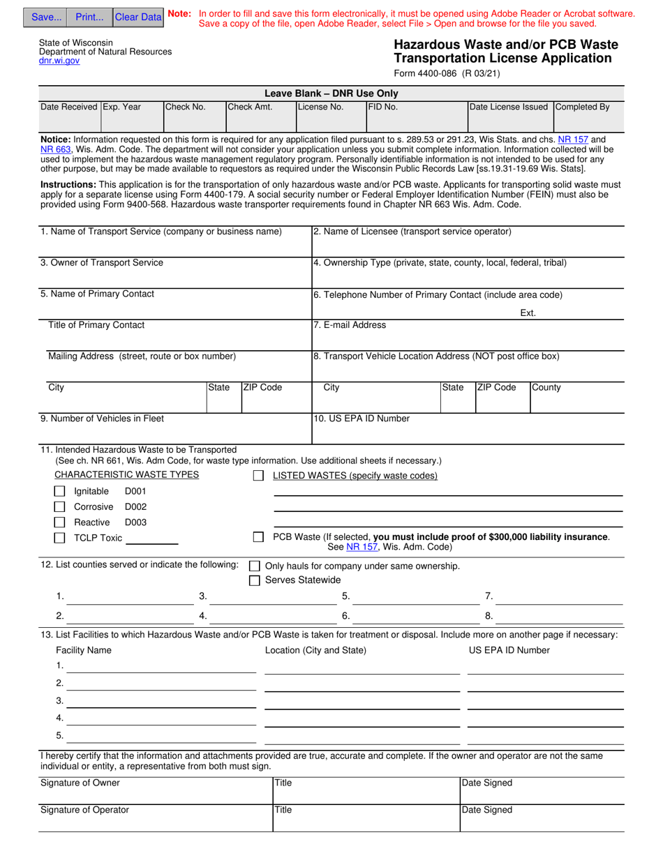 Form 4400-086 Hazardous Waste and / or Pcb Waste Transportation License Application - Wisconsin, Page 1