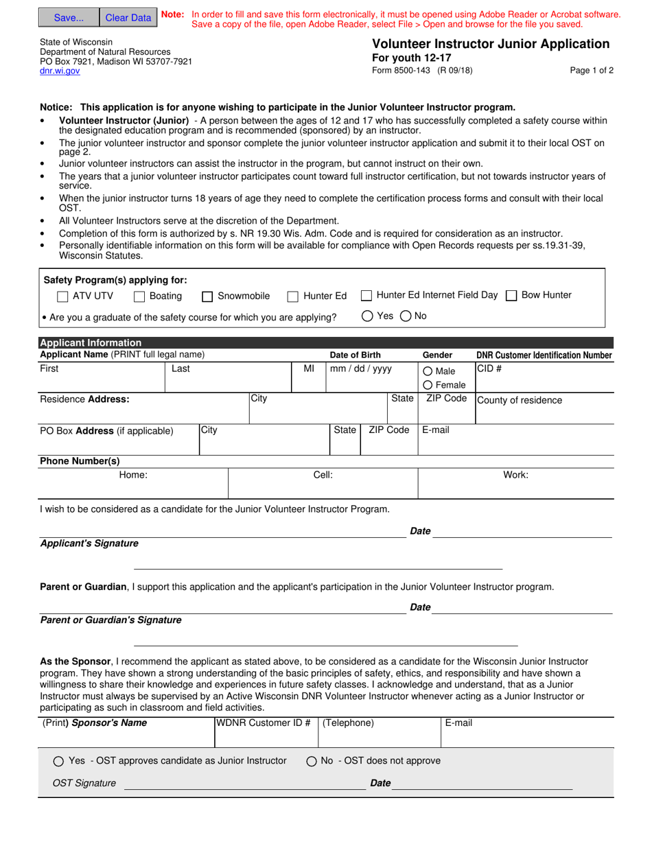 Form 8500-143 Volunteer Instructor Junior Application for Youth 12-17 - Wisconsin, Page 1