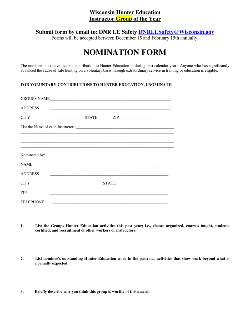 Wisconsin Hunter Education Instructor Group of the Year Nomination Form - Wisconsin, Page 1