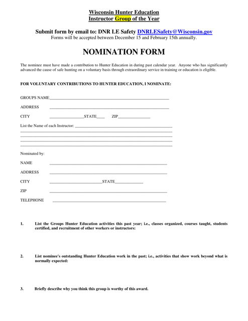 Wisconsin Hunter Education Instructor Group of the Year Nomination Form - Wisconsin Download Pdf