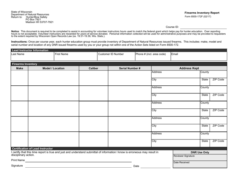Form 8500-172F Firearms Inventory Report - Wisconsin