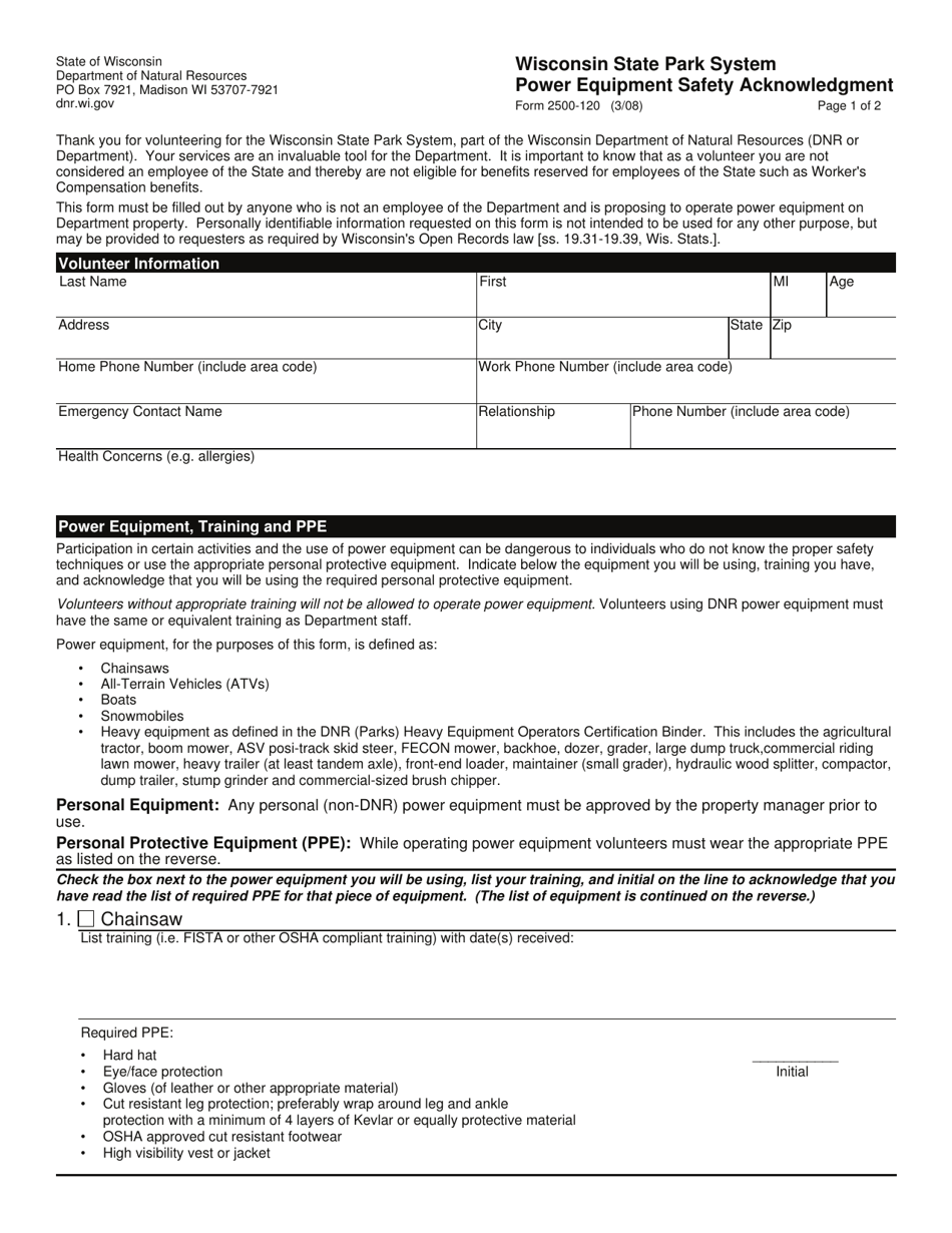 Form 2500-120 Power Equipment Safety Acknowledgment - Wisconsin State Park System - Wisconsin, Page 1