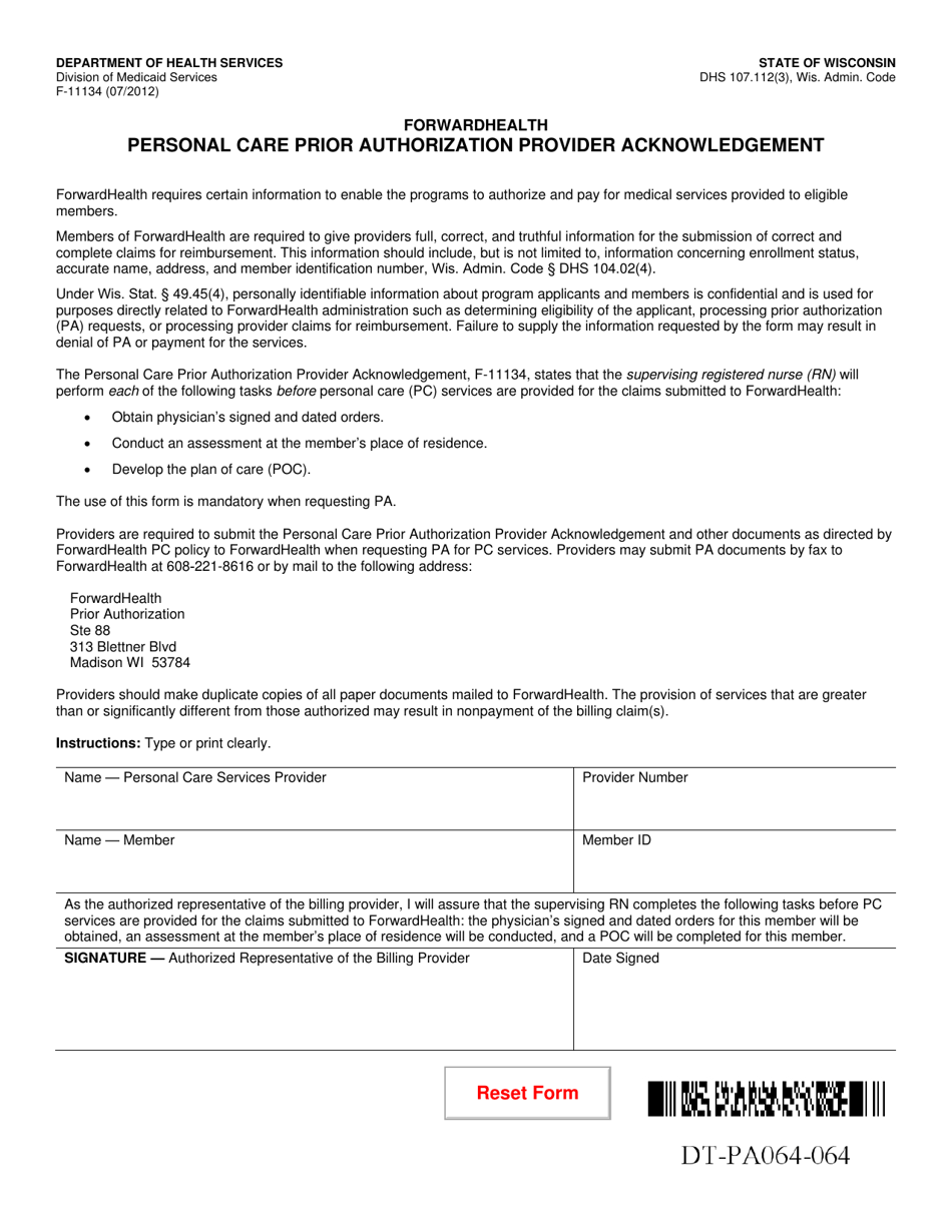 Form F-11134 Personal Care Prior Authorization Provider Acknowledgement - Wisconsin, Page 1