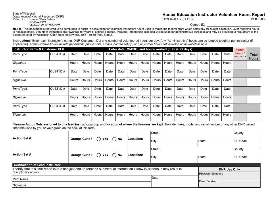 Form 4500-172 Hunter Education Instructor Volunteer Hours Report - Wisconsin, Page 1