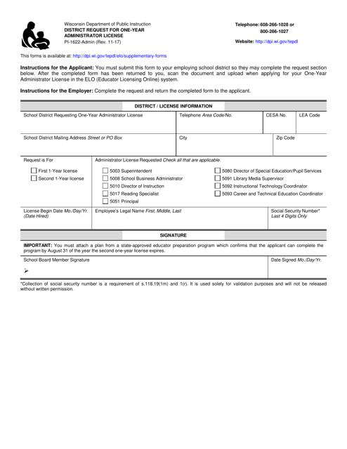 Form PI-1622-ADMIN District Request for One-Year Administrator License - Wisconsin