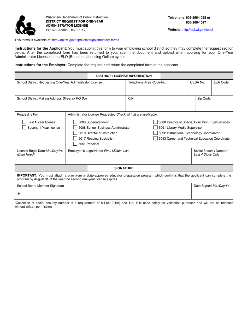 Form PI-1622-ADMIN District Request for One-Year Administrator License - Wisconsin, Page 1