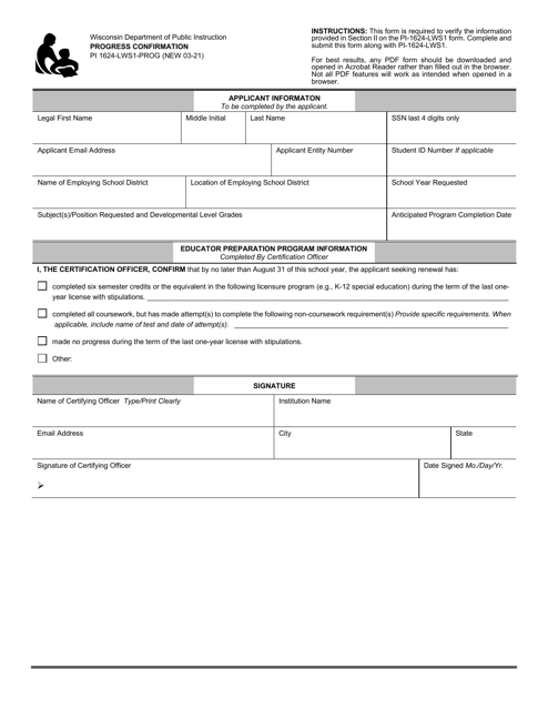 Form PI-1624-LWS1-PROG Progress Confirmation - Wisconsin