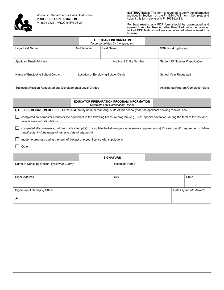 Form PI-1624-LWS1-PROG Progress Confirmation - Wisconsin, Page 1