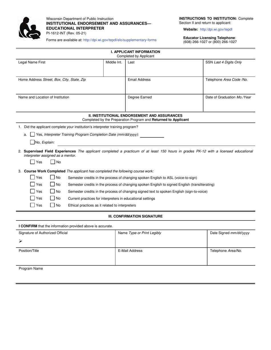 Form PI-1612-INT Institutional Endorsement and Assurances - Educational Interpreter - Wisconsin, Page 1