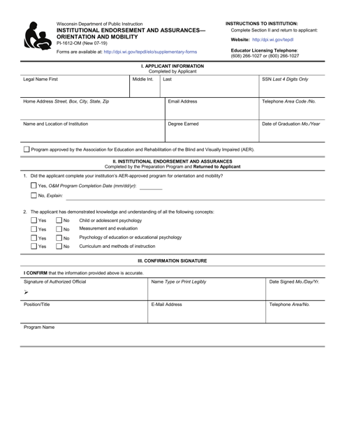 Form PI-1612-OM Institutional Endorsement and Assurances - Orientation and Mobility - Wisconsin