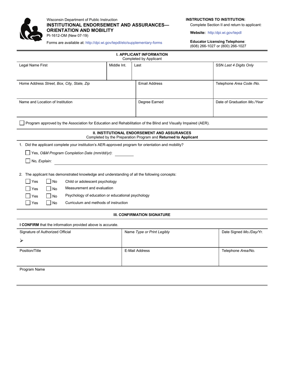 Form PI-1612-OM Institutional Endorsement and Assurances - Orientation and Mobility - Wisconsin, Page 1
