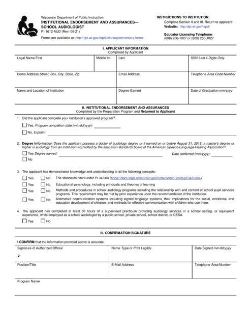 Form PI-1612-AUD Institutional Endorsement and Assurances - School Audiologist - Wisconsin