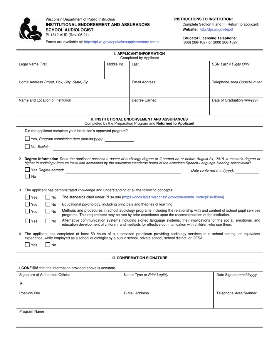 Form PI-1612-AUD Institutional Endorsement and Assurances - School Audiologist - Wisconsin, Page 1