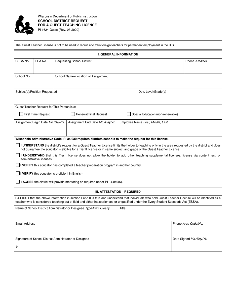 Form PI-1624-GUEST School District Request for a Guest Teaching License - Wisconsin, Page 1