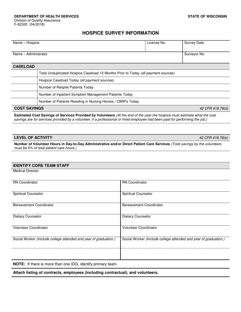 Form F-62320 Hospice Survey Information - Wisconsin, Page 1