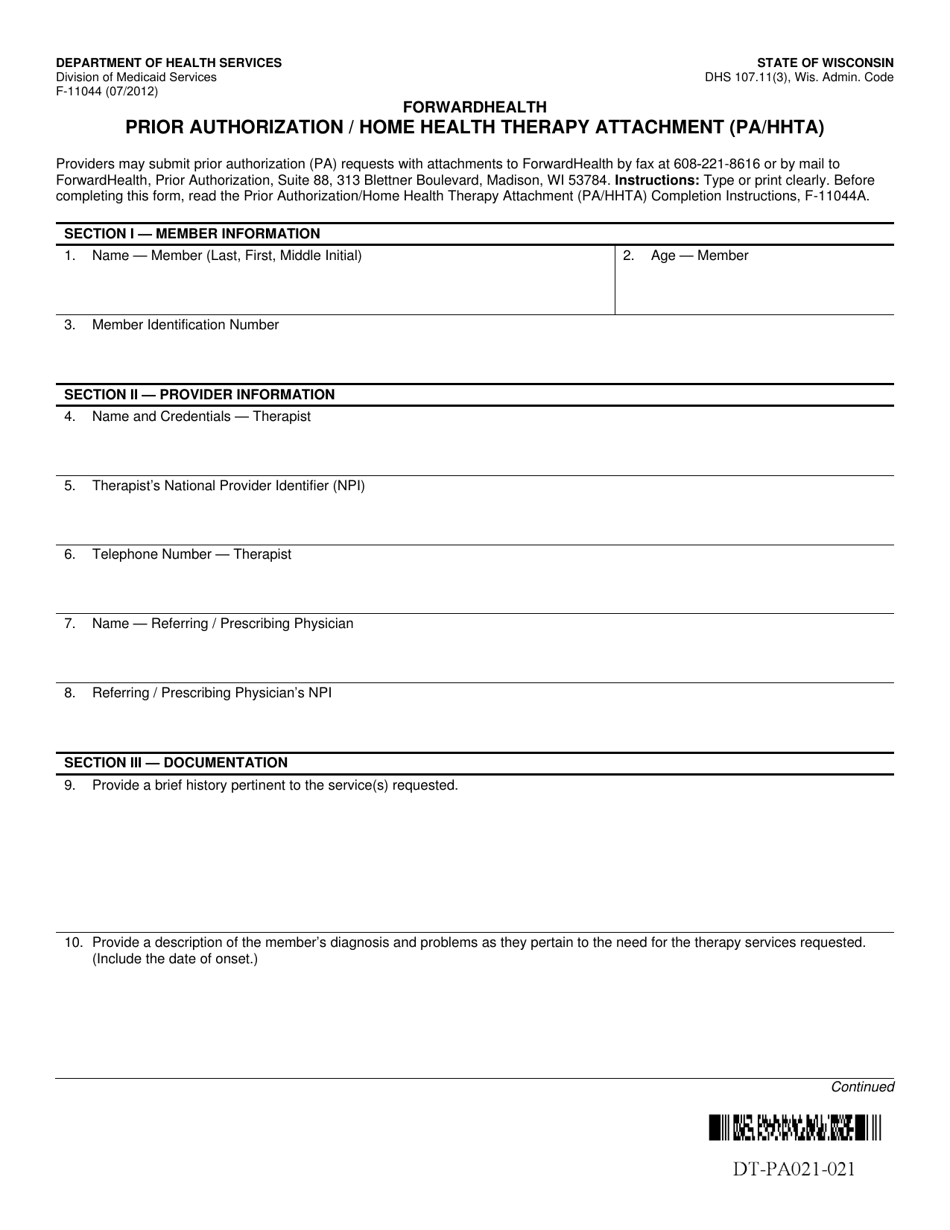Form F-11044 Prior Authorization / Home Health Therapy Attachment (Pa / Hhta) - Wisconsin, Page 1