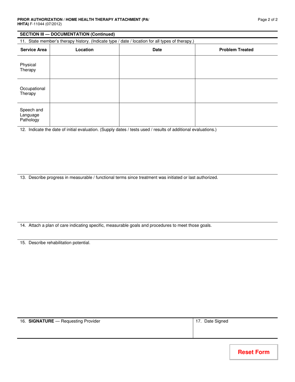 Form F 11044 Download Fillable Pdf Or Fill Online Prior Authorizationhome Health Therapy 6330