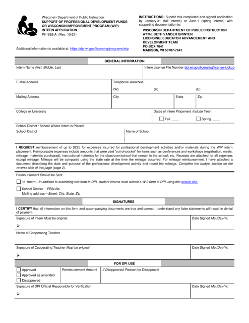 Form PI-1692-A Intern Application - Support of Professional Development Funds or Wisconsin Improvement Program (Wip) - Wisconsin