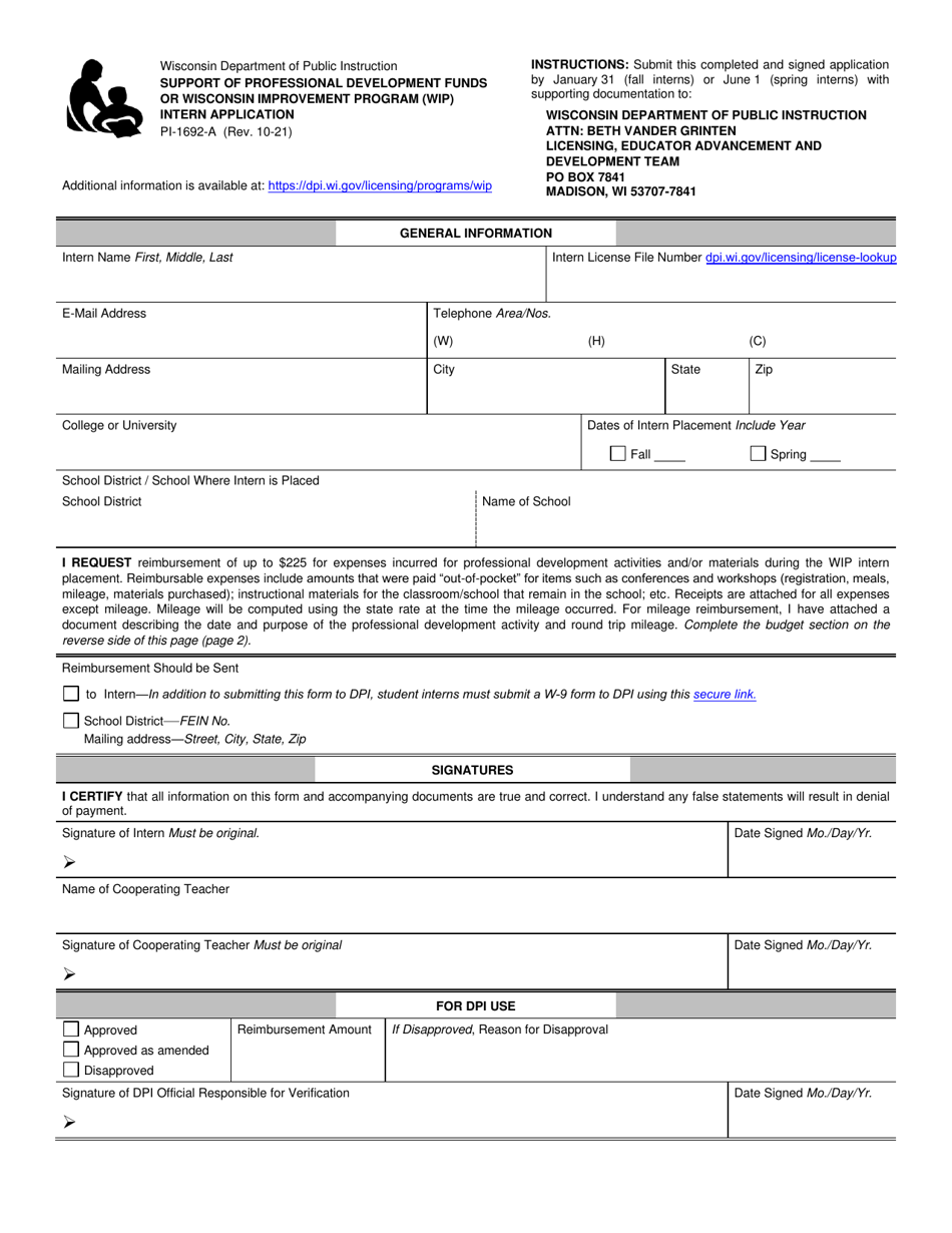 Form PI-1692-A Intern Application - Support of Professional Development Funds or Wisconsin Improvement Program (Wip) - Wisconsin, Page 1