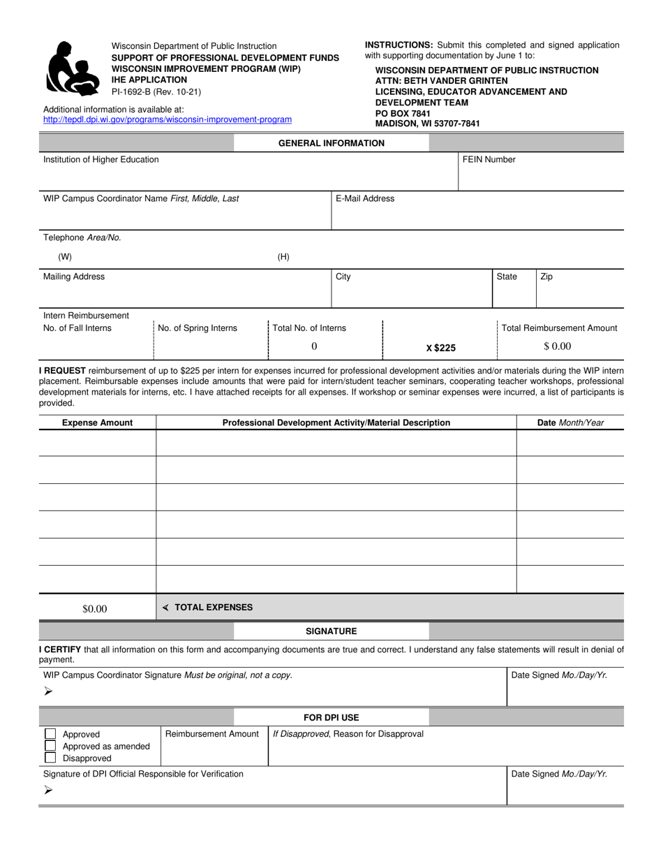 Form PI-1692-B Ihe Application - Support of Professional Development Funds Wisconsin Improvement Program (Wip) - Wisconsin, Page 1