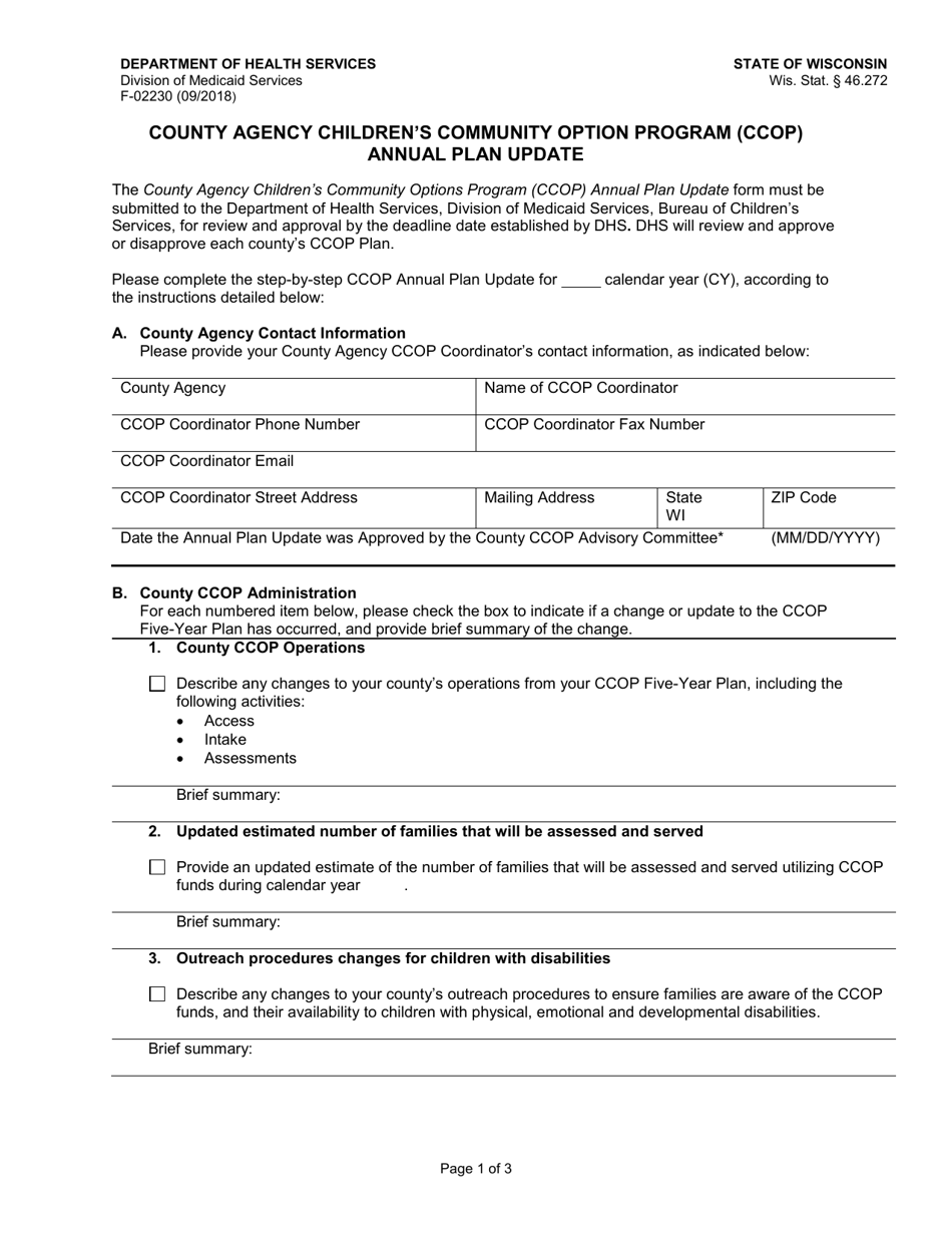 Form F-02230 Annual Plan Update - County Agency Childrens Community Option Program (Ccop) - Wisconsin, Page 1
