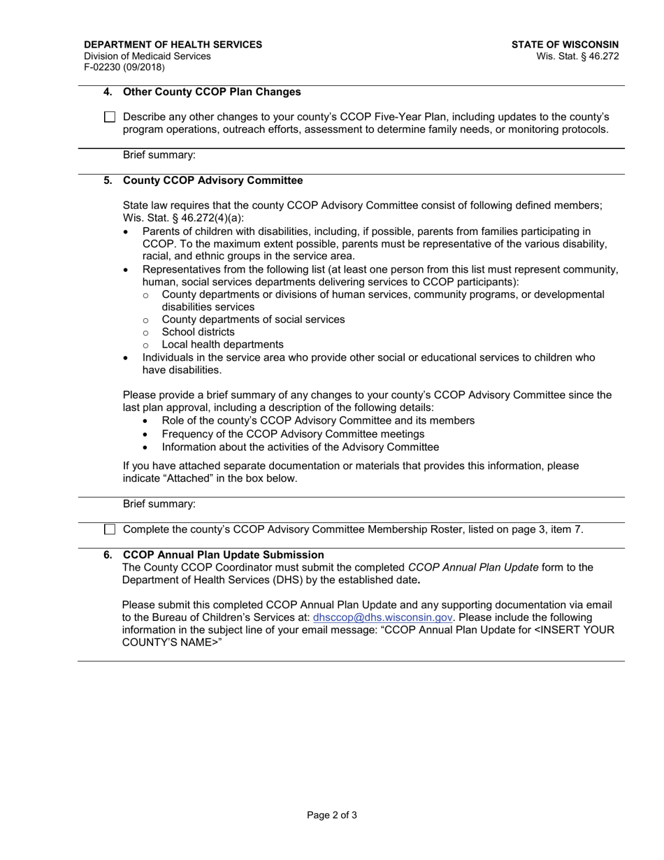 Form F-02230 Annual Plan Update - County Agency Childrens Community Option Program (Ccop) - Wisconsin, Page 2