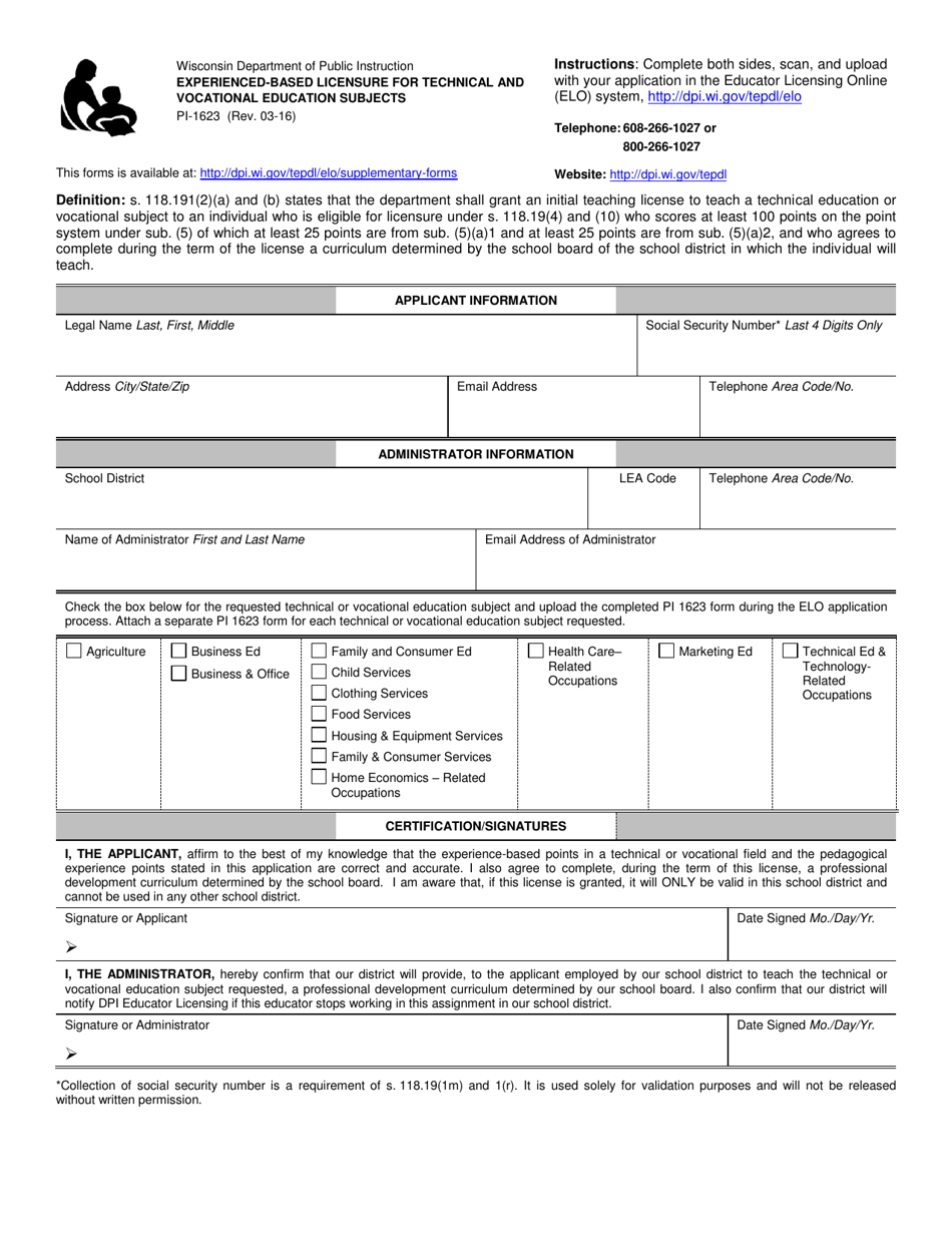 Form PI-1623 Experienced-Based Licensure for Technical and Vocational Education Subjects - Wisconsin, Page 1