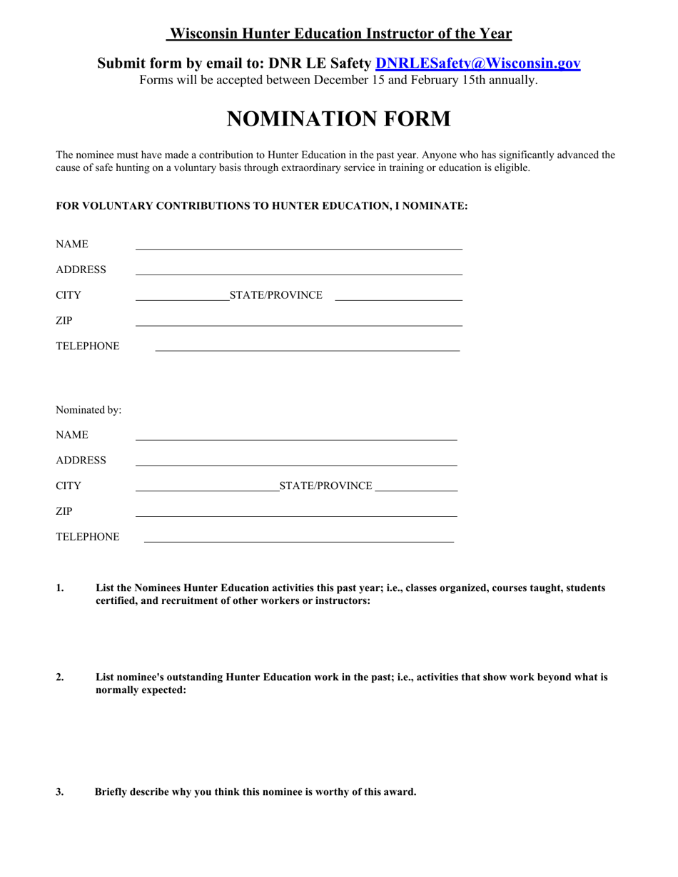 Wisconsin Hunter Education Instructor of the Year Nomination Form - Wisconsin, Page 1