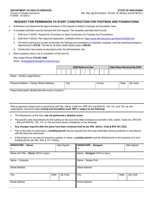 Form F-62457 Request for Permission to Start Construction for Footings and Foundations - Wisconsin