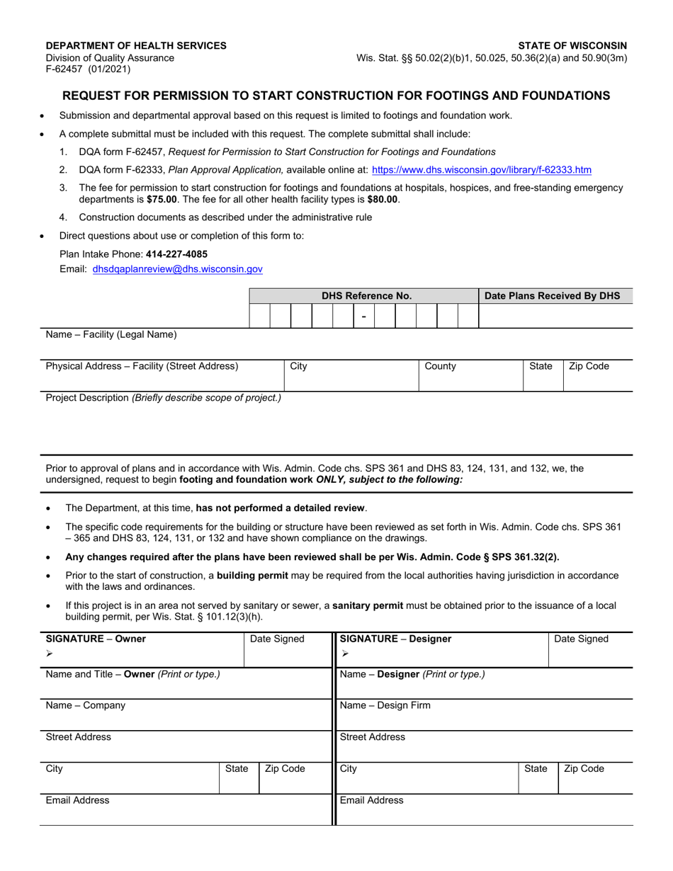 Form F-62457 Request for Permission to Start Construction for Footings and Foundations - Wisconsin, Page 1