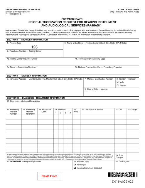 Form F-11020 Prior Authorization Request for Hearing Instrument and Audiological Services (Pa/Hias1) - Wisconsin