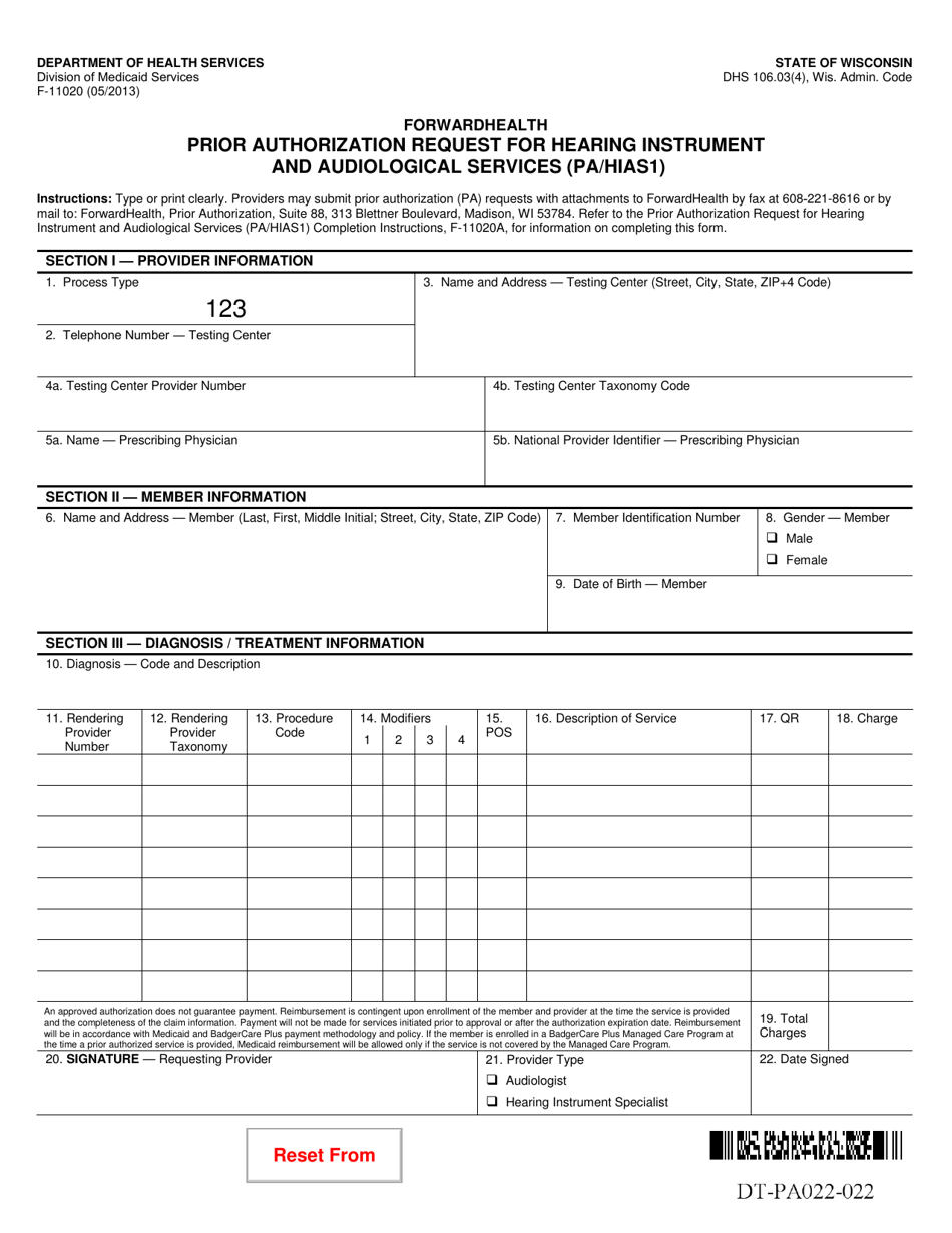 Form F-11020 Prior Authorization Request for Hearing Instrument and Audiological Services (Pa / Hias1) - Wisconsin, Page 1