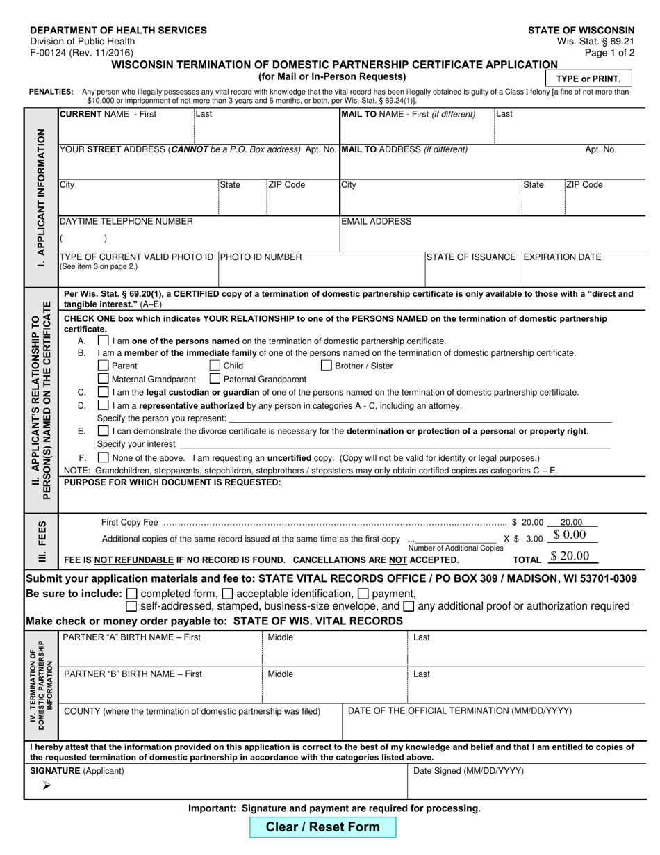 Form F-00124 Wisconsin Termination of Domestic Partnership Certificate Application - Wisconsin, Page 1