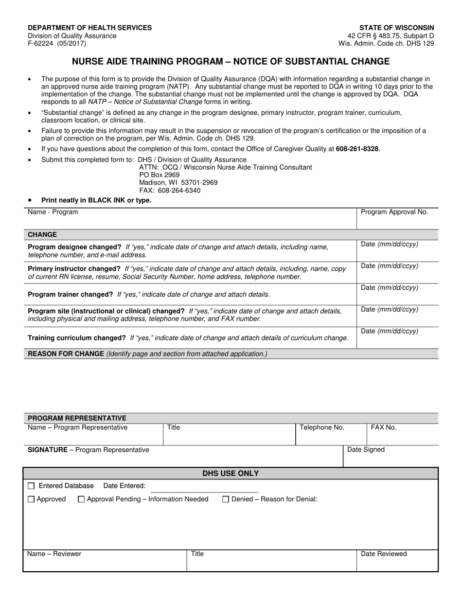 Form F-62224 Notice of Substantial Change - Nurse Aide Training Program - Wisconsin, Page 1