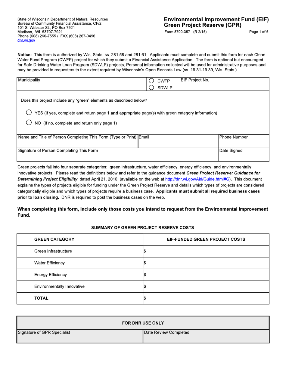 Form 8700-357 Environmental Improvement Fund (Eif) Green Project Reserve (Gpr) - Wisconsin, Page 1