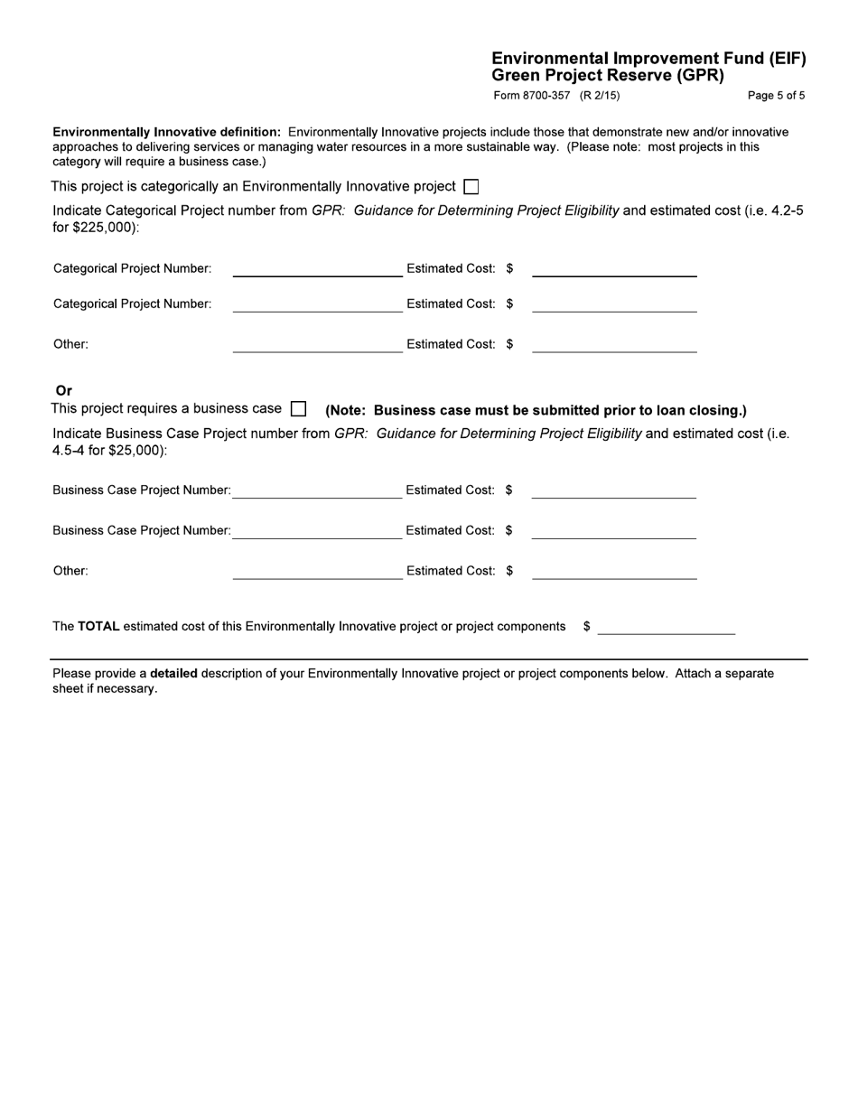 Form 8700-357 Environmental Improvement Fund (Eif) Green Project Reserve (Gpr) - Wisconsin, Page 5