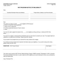 Form F-40085 Wic Program Notice of Ineligibility - Wisconsin