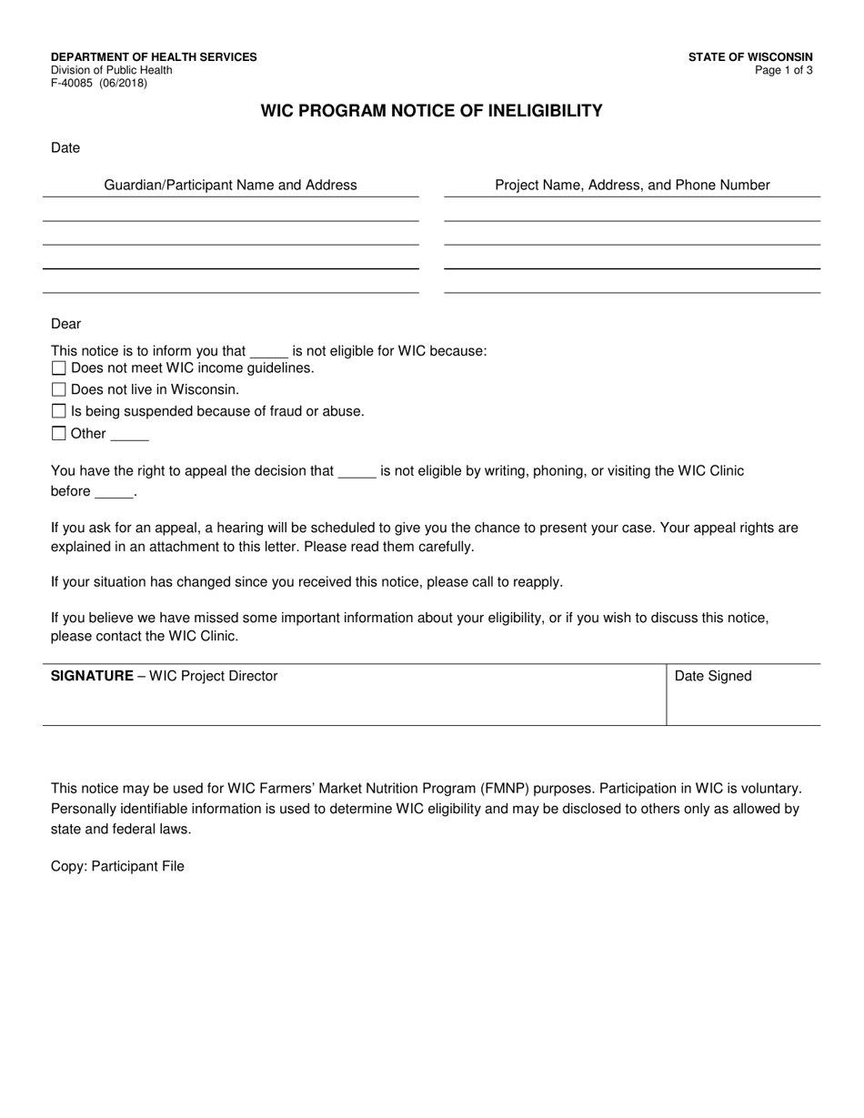 Form F-40085 Wic Program Notice of Ineligibility - Wisconsin, Page 1