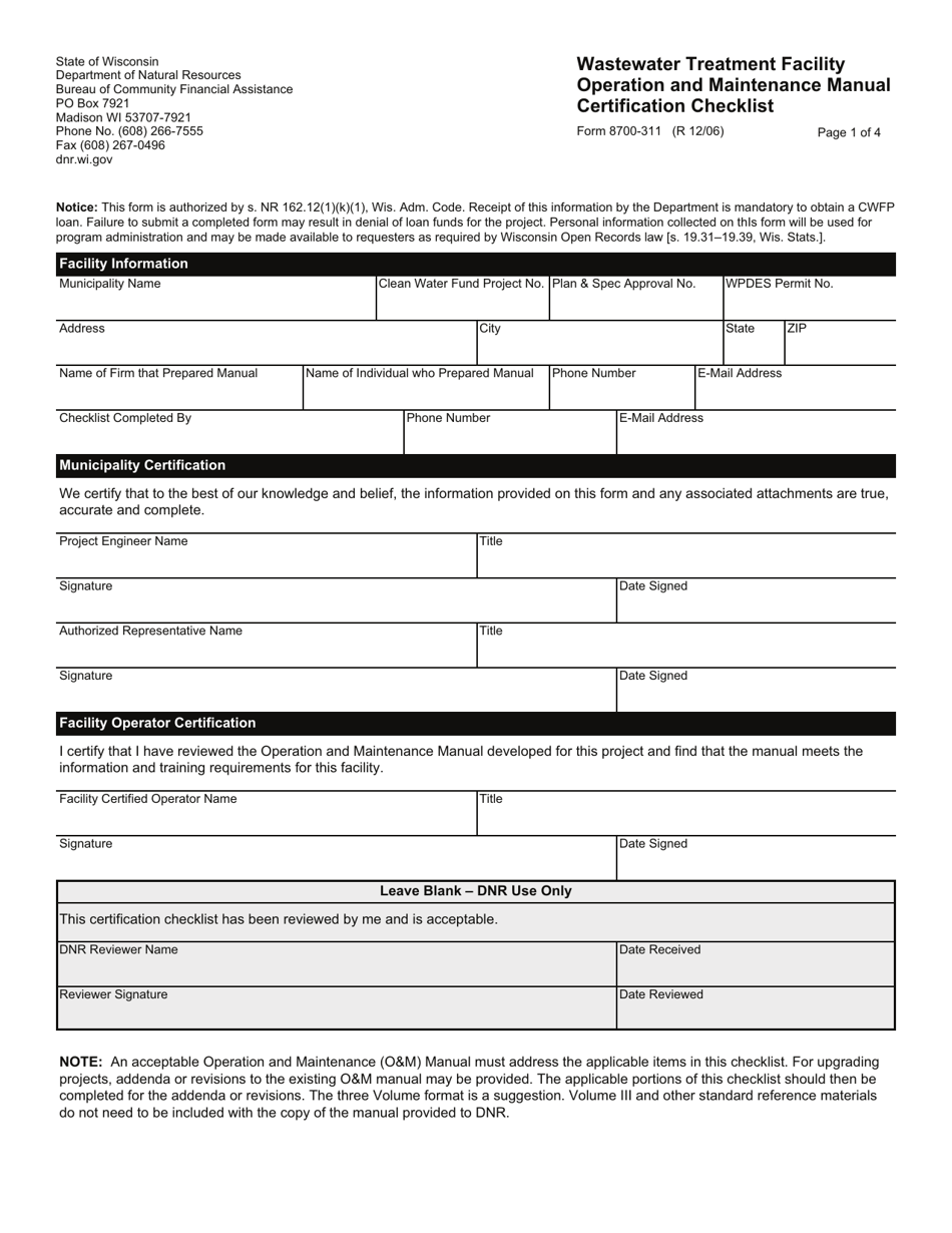 Form 8700-311 Wastewater Treatment Facility Operation and Maintenance Manual Certification Checklist - Wisconsin, Page 1