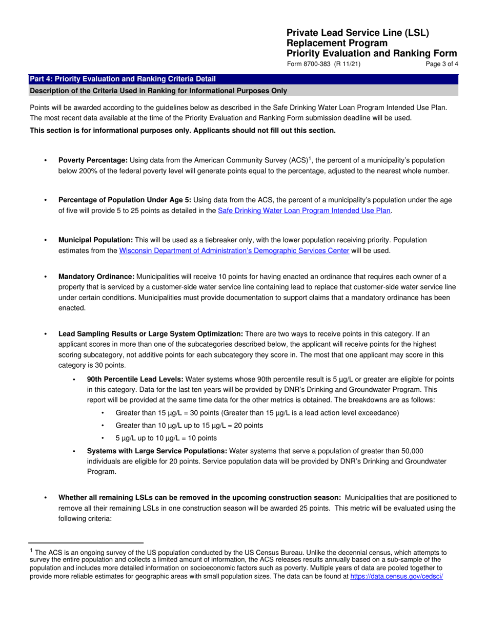Form 8700-383 Priority Evaluation and Ranking Form - Private Lead Service Line (Lsl) Replacement Program - Wisconsin, Page 3