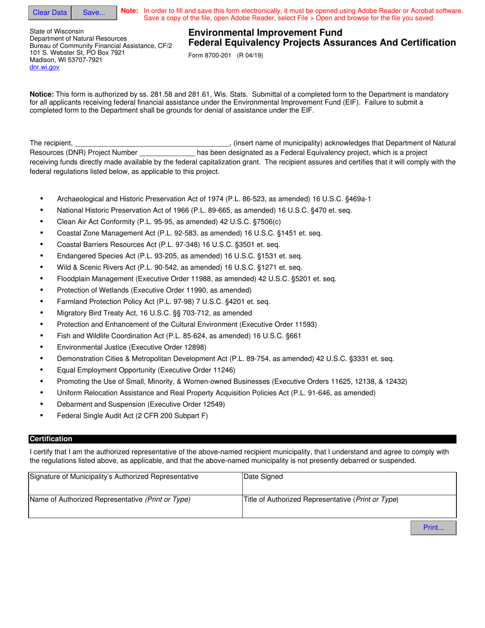 Form 8700-201 Federal Equivalency Projects Assurances and Certification - Environmental Improvement Fund - Wisconsin, Page 1