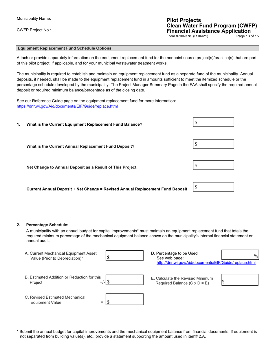 Form 8700-378 Pilot Projects Financial Assistance Application - Clean Water Fund Program (Cwfp) - Wisconsin, Page 14